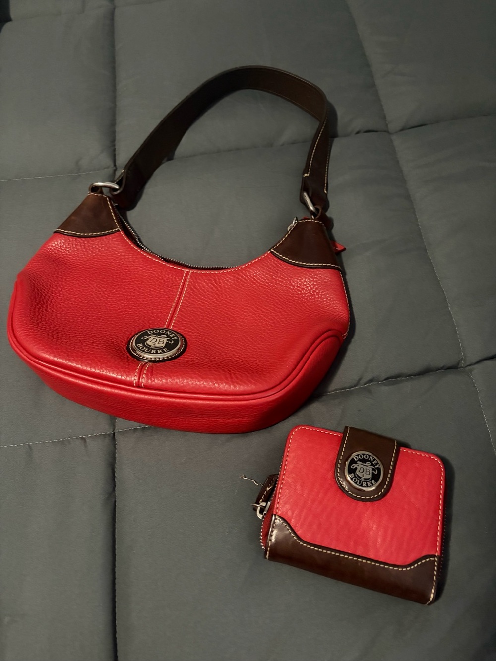 Dooney & Bourke Red Leather Shoulder Bag and Wallet Set - Brown Trim